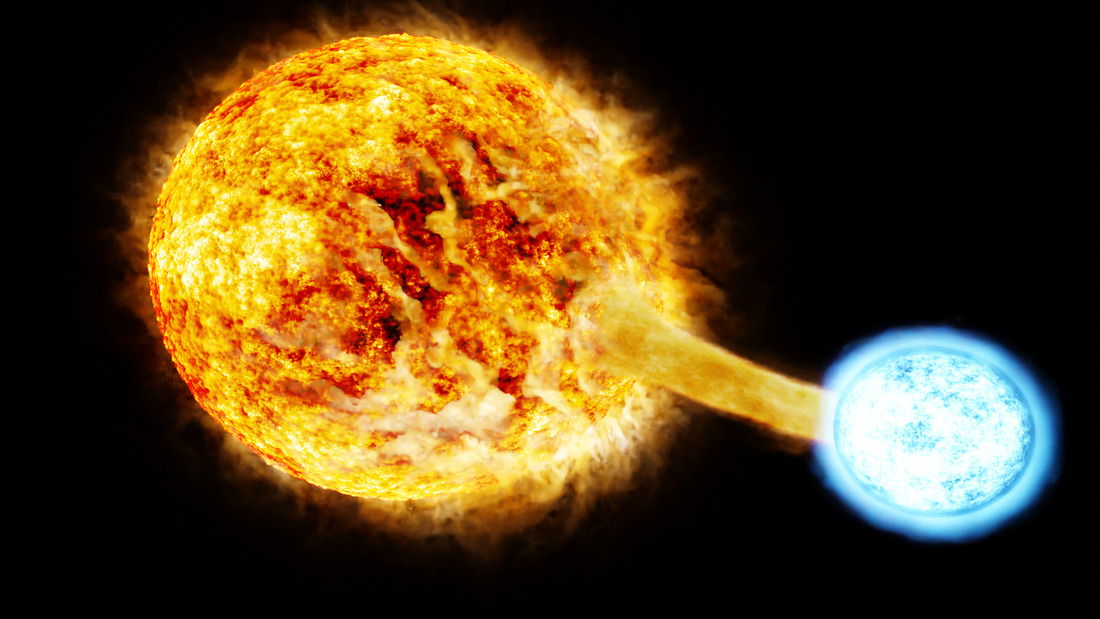 Artist impression of a binary star system with a stream of material flowing between two stars